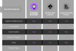 Table highlighting how Ragged Edge compares to off-the-shelf software and large consulting groups